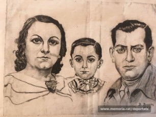 Maurici Ribas, la seva dona Carme Cristina i el seu fill en un dibuix de l’any 1937."Font: col·lecció conservada per Rosa Corbera Flotats"