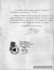 Document d'Ignasi Planell poc després de l'alliberament, fent-se càrrec del seu cosí Jacint Carrió que encara es trobava en un centre militar per a repatriats. Es compromet a ocupar-lo en el seu comerç de queviures o en les feines agrícoles. Data: 11-6-1945.