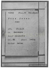 Fitxa de presoner de Pons a Mauthausen, amb el seu número, data d'arribada i categoria. Com a professió posa escrivent (Font: ITS Bad Arolsen)