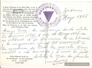 Postal de Josep Pons al germà de Bernat Toran des de Mauthausen, en el 20è aniversari de l'alliberament. Maig de 1965. (Font: arxiu particular de Rosa Toran)
