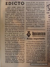 Edicte municipal publicat a la premsa manresana el 1951 pel qual es dóna per mort Joan Sallés, a requeriment de la seva esposa, deu anys després de deixar de tenir-ne notícies. (Font: Joaquim Aloy)