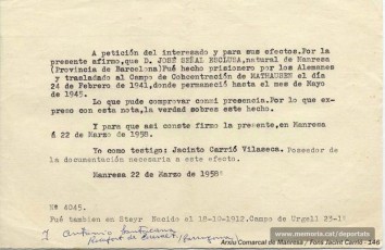 Document de 1958 de Jacint Carrió, deportat, donant fe de l'estada a Mauthausen de Josep Señal. Hi figura anotat el nom del també deportat Antoni Santacana Ballester, de Rocafort de Queralt, supervivent. (Font: Arxiu Comarcal del Bages)