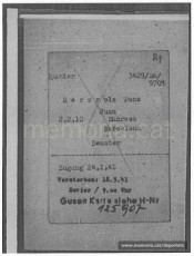 Fitxa de presoner de Joan Serarols a Mauthausen i Gusen, amb el seu número, data d'arribada i categoria. Com a professió hi posa funcionari, mentre que a l’acta de defunció hi sortia impressor. Hi consta també la data i hora de la seva mort, a la infermeria. (Font: ITS Bad Arolsen)