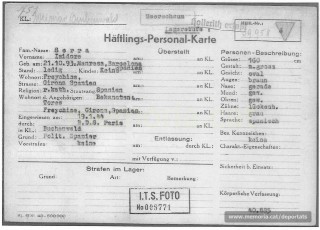 Fitxa de presoner d'Isidre Serra a Buchenwald. Hi consta la menció "Meerschaum" (escuma de mar), normalment atribuïda a presoners destacats per la seva activitat política i que havien de desaparèixer sense deixar rastre. (Font: ITS Bad Arolsen)