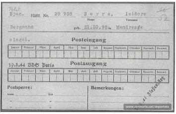 Dades de Serra a Buchenwald dins una fitxa de correu rebut i enviat. Hi consta la data del seu trasllat a Flossenbürg (Font: ITS Bad Arolsen)