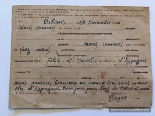 Postal de tipus oficial i sotmesa a la censura de l'ocupant alemany que envia Pere Brunet des d'Orleans a uns coneguts que viuen a Besiers, en territori de la França no ocupada. Expressen el desig de rebre notícies de la seva família a Manresa i Sant Joan de Vilatorrada (Font: arxiu personal de Ferran Brunet)