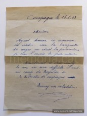 Nota que va enviar a Francesc Vilaró, amic de Brunet que havia romàs a Orleans, un passatger anònim del tren que els duia al camp de reagrupament de Compiègne, al nord de París. La nota diu exactament: "Compiègne, 17-6-1943. Senyor, Havent trobat aquest tros de cartró sobre el banqueta del vagó on estaven els presoners, us l'envio el mateix dia. Si els voleu veure ara, això serà difícil. Són al camp de Royallieu a dos quilòmetres de Compiègne. Rebeu les meves salutacions, xxx" (Font: arxiu personal de Ferran Brunet)