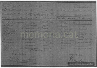 Fitxa de presoner a Flossenbürg, on hi consten els objectes personals que duia en arribar. Té un matasegells indicant la seva mort ("Verstorben am 20 MAI 1944"). (Font: ITS Bad Arolsen)