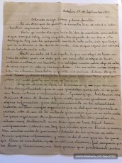 Carta de setembre de 1945 de F. Vilaró a Dolors Vila, explicant que intenten obtenir alguna informació d'en Pere (Font: arxiu personal de Ferran Brunet)
