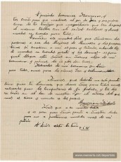 Carta de Maurici Ribas a la seva dona Carme i a la seva germana des d’Agde el 9 de juny de 1939.
Torna a expressar la seva preocupació per obtenir els papers (avals) que li permetin tornar i reunir-se amb ells: «(...) nuestra querida hespaña. A donde no puedo benir para a yudaros asta que Dios quiere, o sea que los papeles me llegan».
Explica que cada diumenge el va a veure el seu germà Ignasi i li duu menjar, beure i tabac. I que un dia va venir la seva mare a visitar-lo. L’Ignasi, doncs, havia aconseguit un permís per residir a França, fora dels camps de refugiats. Desconeixem les circumstàncies de la seva mare.
"Font: col·lecció conservada per Rosa Corbera Flotats"