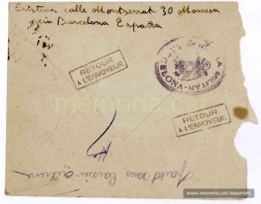 Sobre buit d’una carta enviada a Maurici Ribas per la seva dona, a l’adreça del Sr. Du Pont de Romémont, al Château de Romémont, departament de Meurthe-et-Moselle (Nordest de França). La carta havia estat retornada pels correus francesos amb l’observació «partit sans laisser adresse» (marxat sense deixar adreça). 
Probablement Maurici Ribas hi havia estat durant l’etapa en què formà part d’una CTE (Companyia de Treballadors Espanyols) al servei de l’exèrcit francès en les fortificacions properes a Alemanya. Estaríem dels primers mesos de 1940.
"Font: col·lecció conservada per Rosa Corbera Flotats"