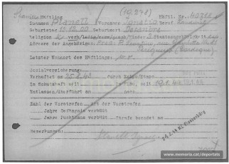 Fitxa de presoner de Planell a Buchenwald. HI consta la data de deportació i la del trasllat a Flossenbürg (Font: ITS Bad Arolsen)