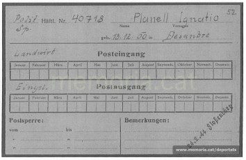 Dades de Planell a Buchenwald dins d’una fitxa de correu rebut i enviat (Font: ITS Bad Arolsen