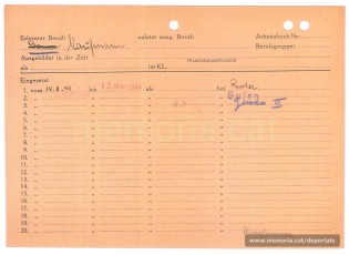 Targeta Hollerith de Planell. Les targetes Hollerith, fabricades per IBM i adoptades pels nazis a partir de l’any 1943, es feien amb unes màquines que les foradaven en funció de les característiques del personer, permetent una gestió més específica dels deportats. Hi apareixen es diferents trasllats que va patir Planell. (Font: Archives des Victimes des Conflits Contemporains – Caen, França)