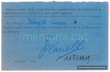 Justificant de recepció del títol de deportat polític per Planell