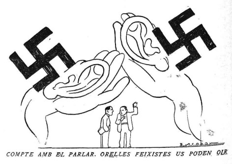 Vinyeta sobre l’emboscat com a enemic feixista, de 14 d’agost de 1936; dibuixada per Josep Escobar i publicada a L'Esquella de la Torratxa.