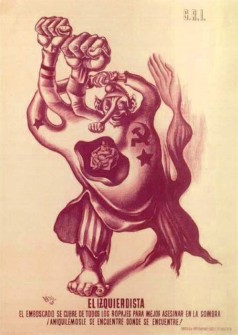 Cartell sobre l'emboscat esquerranós de la col·lecció Los enemigos de la República, 1936; obra de Ramon Puyol i editat per Socors Roig Internacional