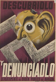 Cartell sobre l'emboscat espia, 1937; obra d'Albert Santmartí i editat pel Departamento de Orden Público de Aragón.