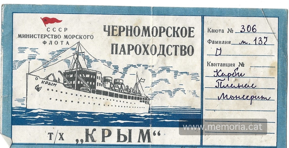 Bitllet del vaixell Krim (Crimea) a nom de la Montserrat Planas utilitzat per fer el viatge d'Odessa a Castelló de la Plana. Font: Col·lecció familiar.