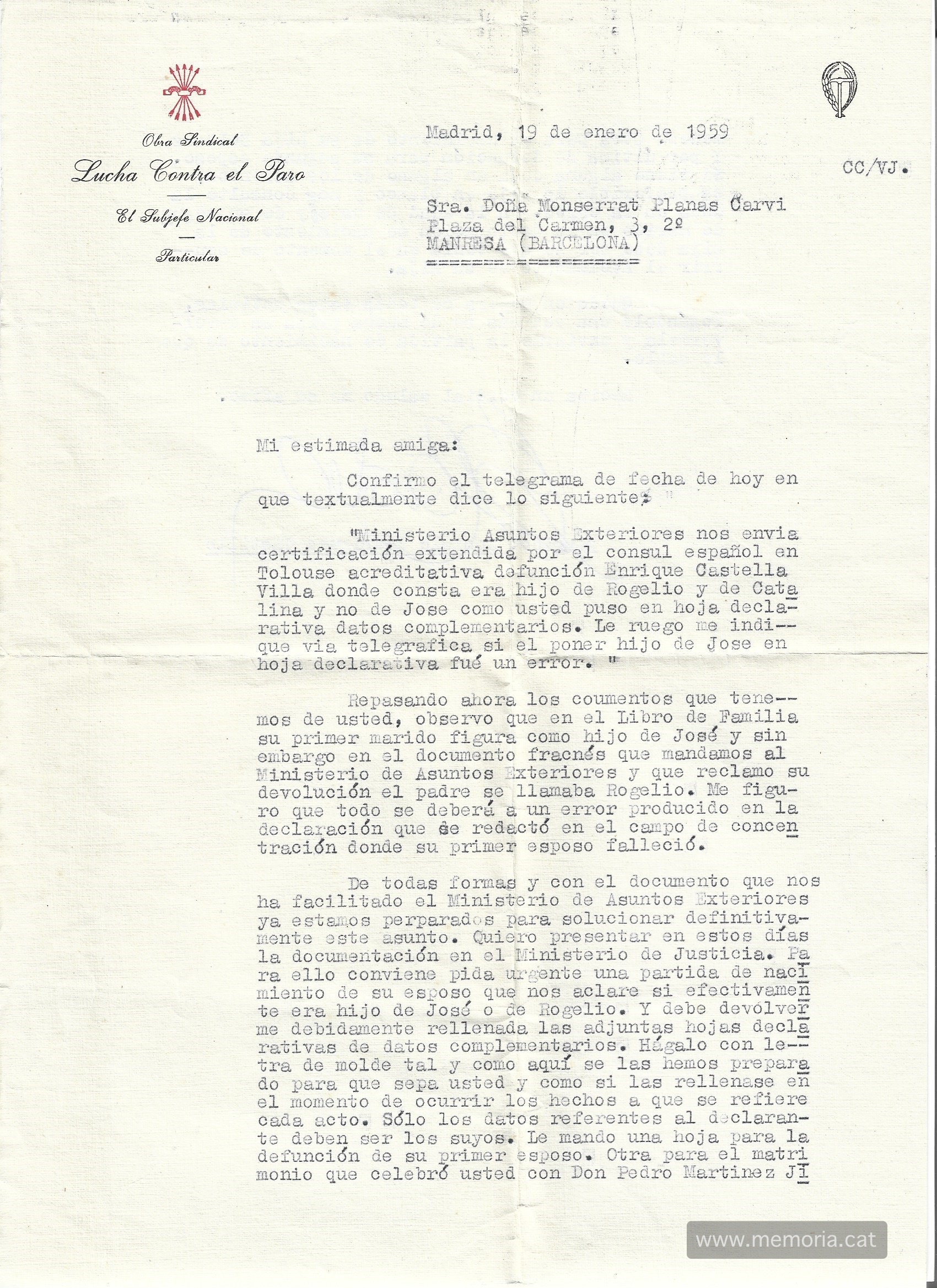 Reclamació de la Obra Sindical a la Montserrat Planas degut a que s'han detectat errors en la seva documentació familiar. 19/01/1959. Font: Col·lecció familiar.