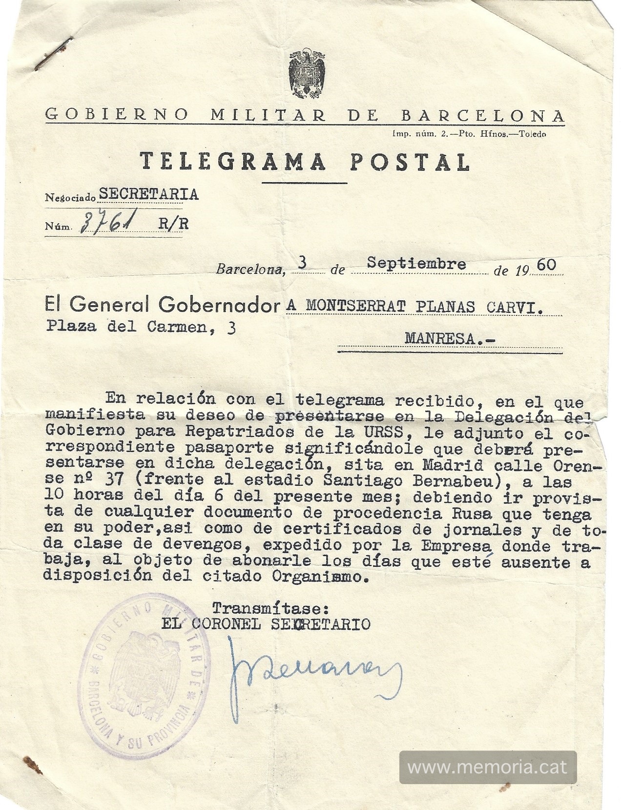 Telegrama postal del Govern Militar de Barcelona en el què s'autoritza a la Montserrat Planas a presentar-se a la Delegación del Gobierno para los Repatriados de Madrid conforme ho va sol·licitar. 03/09/1960. Font: Col·lecció familiar.