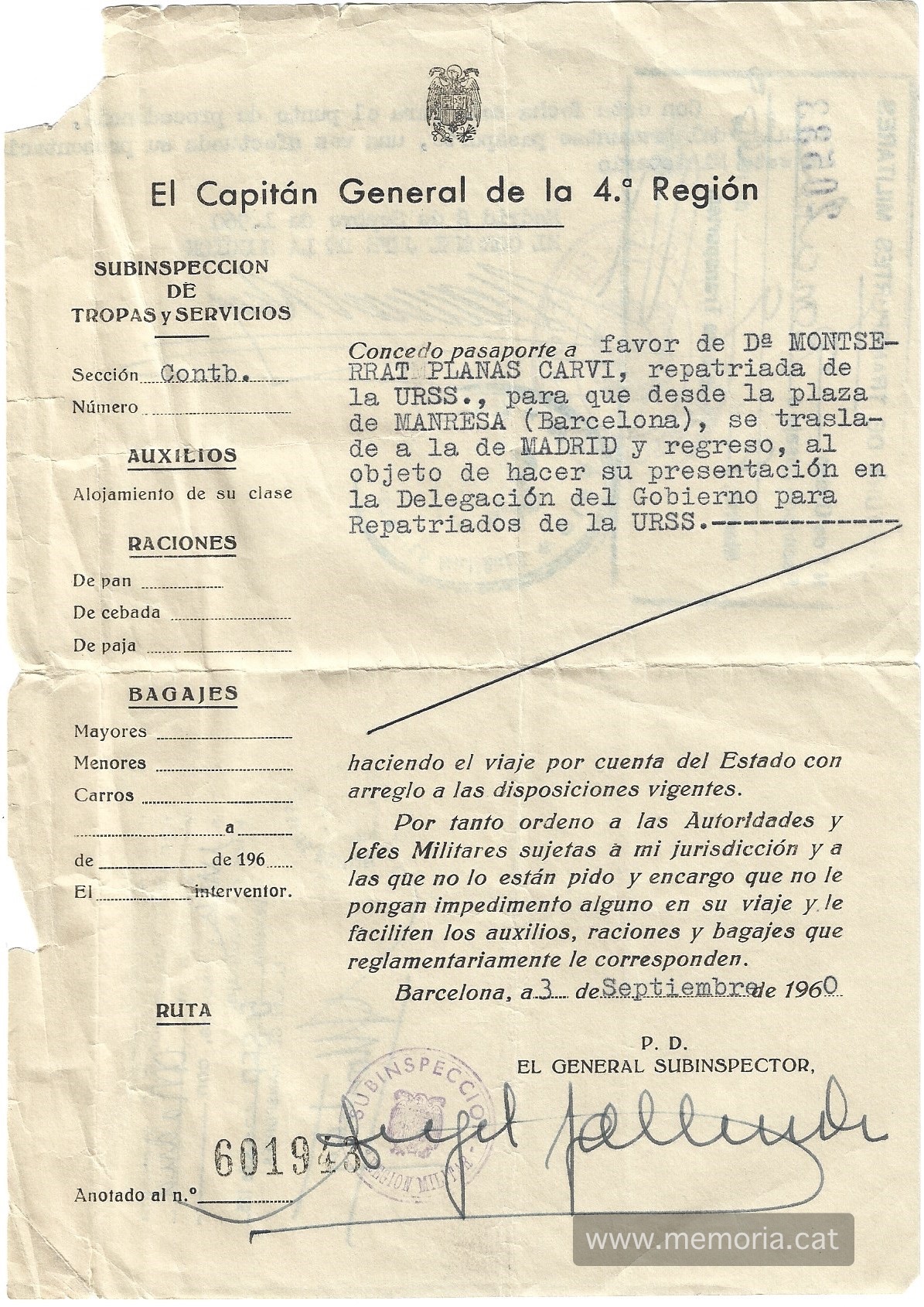 Passaport concedit pel Govern Militar de Barcelona per viatjar a Madrid a favor de la Montserrat Planas. 03/09/1960. Font: Col·lecció familiar.