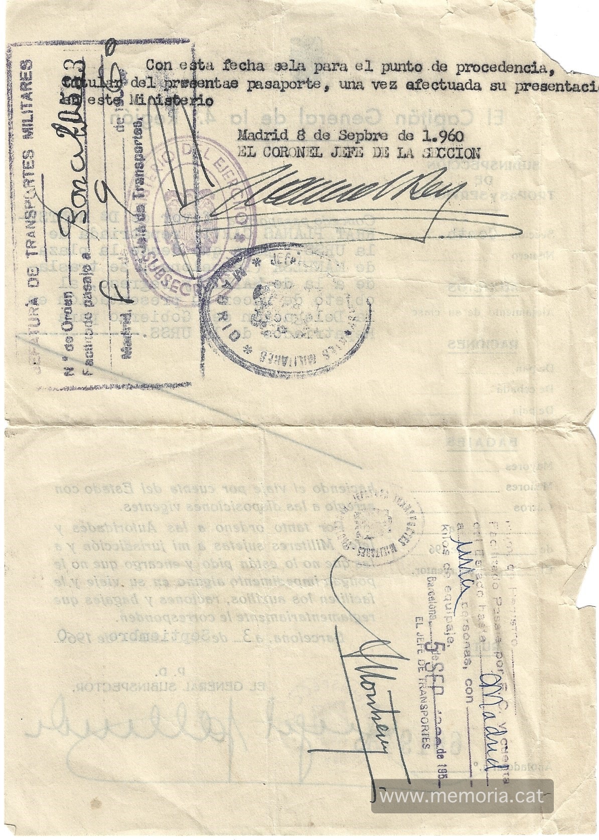 Part posterior del passaport en què s'autoritza la tornada a Manresa des de Madrid el 08/09/1960. Font: Col·lecció familiar.