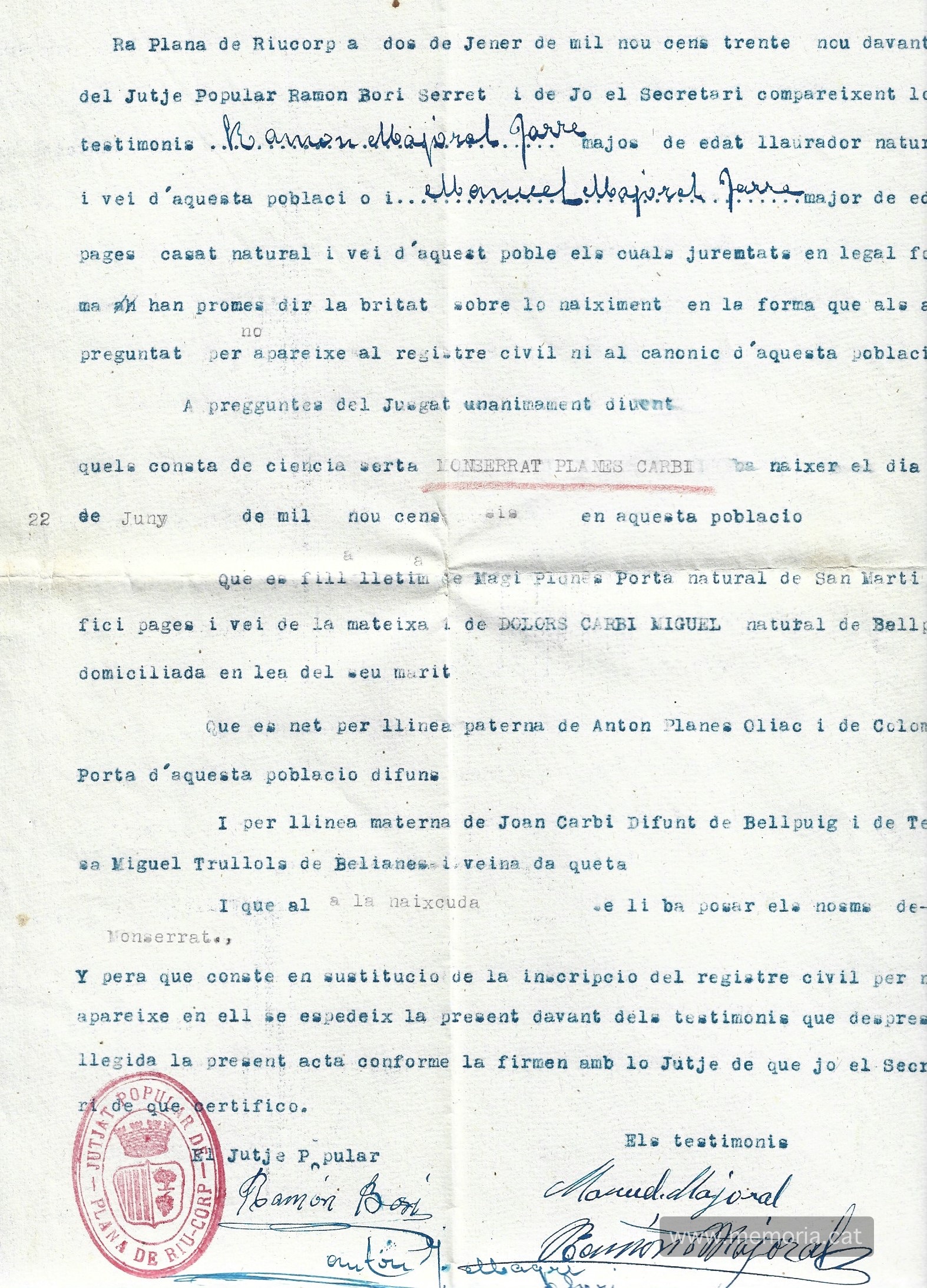 Escrit d'aclariments de la Montserrat Planas al Registre Civil per solucionar els problemes en la seva documentació familiar. Font: Col·lecció familiar.