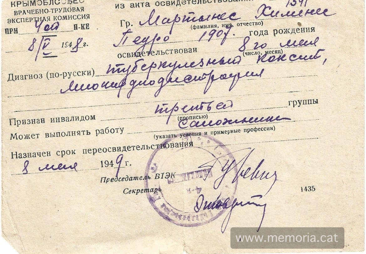 Certificat de l'hospital on es diagnostica al Pedro Martínez de Tuberculosi. Li constarà una discapacitat de grau 3. Font Col·lecció familiar.