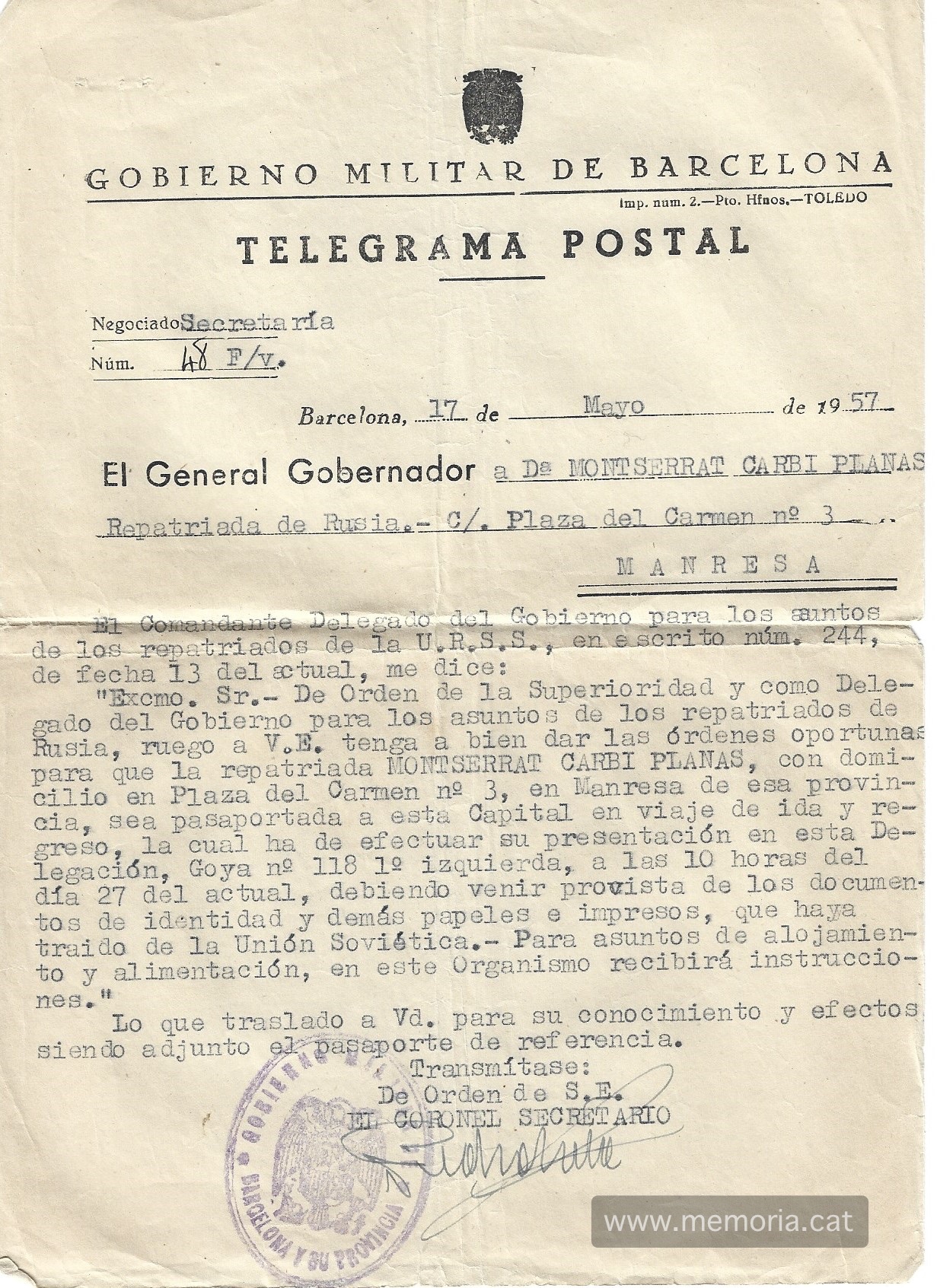Ordre del Govern Militar de Barcelona de 17/05/1957 per la Montserrat Planas. S'haurà de presentar a Madrid per temes relacionats amb la seva repatriació. Font: Col·lecció familiar.