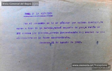 Nota de l’alcaldia per informar del repartiment racionat de pa, 31/08/1940. (Font: web El primer franquisme a Manresa en un clic). 