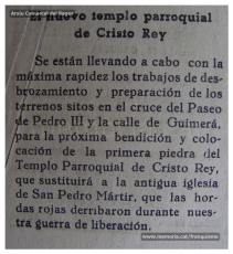 Notícia sobre la construcció de l’església de Crist Rei de Manresa. Diari Manresa, 15/10/1942.  (Font: web memoria.cat/franquisme).