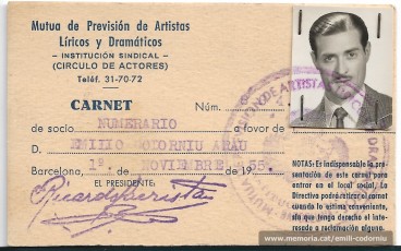Carnet de la Mutua de Previsión de Artistas Líricos y Dramáticos d’1 de novembre de 1955. (Arxiu familiar).