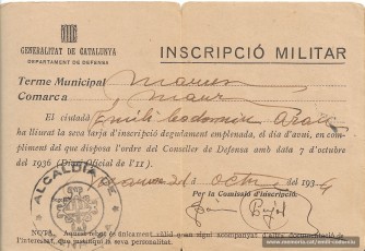 Inscripció militar obligatòria amb data de 21 d’octubre de 1936. (Arxiu familiar).