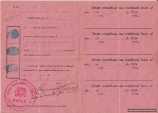 Certificat d’identitat d’Emili Codorniu on consta que és soldat de la banda musical de la caserna de Lepant des de 10 de maig de 1938 i emès amb data de primer de gener de 1939. (Arxiu familiar).