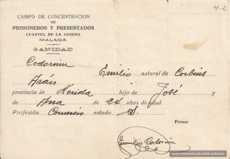 Document de vacunacions i desinfeccions a nom d’Emili Codorniu Aran un cop arribat al camp de concentració de Málaga. Sense data. (Arxiu familiar).
