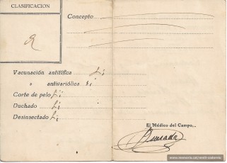 Document de vacunacions i desinfeccions a nom d’Emili Codorniu Aran un cop arribat al camp de concentració de Málaga. Sense data. (Arxiu familiar).