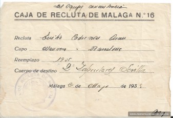 Document amb sortida “del campo concentración” emès per la Caja de Recluta de Màlaga n. 16 amb data de 2 de maig de 1939 on consta el destí de l’Emili Codorniu al batalló de Zapadores Minadores n. 2 de Sevilla. (Arxiu familiar).