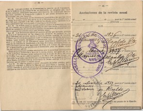 Pàgines de filiació de la “cartilla” militar d’Emili Codorniu amb els segells corresponents a les revistes passades; les dues primeres de 1936 i 1937 corresponen al temps en què estava donat de baixa de l’exèrcit de la República per ser fill de pare sexagenari; les altres ja són segellades per l’autoritat franquista fins l’any 1952. (Arxiu familiar).