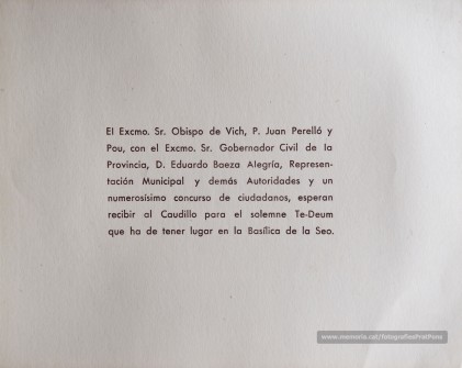20/5/1947: visita del general Franco a Manresa. Visita la basílica de la Seu, les fàbriques Bertrand i Serra i Pirelli, l’Ajuntament -des d’on adreça unes paraules a la multitud- i la Cova de Sant Ignasi.