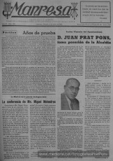 7/7/1945: Diari “Manresa” que informa de la presa de possessió. El diari pertanyia a la Falange i era l'únic que s'editava a la ciutat. (Arxiu Comarcal del Bages).