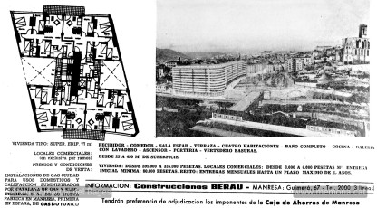 Publicitat d’una promoció d’habitatges comptant amb la revalorització de l’indret de la plaça de la Reforma (aleshores denominada “Plaza Argentina”) a causa de la remodelació urbanística. Publicada a “Manresa” el maig de 1966. (Arxiu Comarcal del Bages).