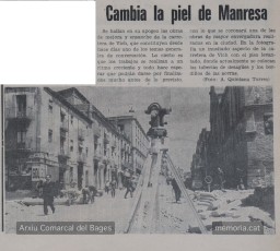 23/5/1970: “Cambia la piel de Manresa” és el títol de la notícia sobre les obres, amb un aspecte dels treballs del clavegueram i de les voreres a la cruïlla de la Muralla del Carme i la carretera de Vic. (Arxiu Comarcal del Bages).