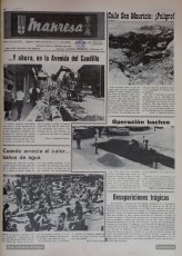 2/6/1970: “Y ahora, en la Avenida del Caudillo”. L’excavadora treballa a la Muralla del Carme obrint forat pel clavegueram. A l’esquerra s’aprecien les oficines del servei d’autobusos de l’ATSA. El diari destaca la “operación bacheo” que afecta diferents indrets de la ciutat. (Arxiu Comarcal del Bages).