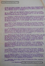 5/08/1940: circular del Gobierno Civil de Barcelona sobre “El uso del idioma nacional en todos los servicios públicos”, recogiendo lo dispuesto en el BOP del 31 de julio de 1940. En él se proclama el español como único idioma válido para la vida pública, al tiempo que relega los idiomas “regionales” a la vida privada. La primera disposición señala que "todos los funcionarios interinos de las Corporaciones provinciales y municipales de esta provincia, cualesquiera que sea su categoría, que en acto de servicio, dentro o fuera de los edificios oficiales, se expresen en otro idioma, que no sea el oficial del Estado quedarán ‘ipso facto’ destituidos, sin ulterior recurso". En el documento se pueden ver las firmas de todos los funcionaros del Ayuntamiento de Manresa, ya que fueron obligados a firmar el correspondiente enterado. Algunos funcionarios del cuerpo de guardias de paseo firmaron con la hulla dactilar por no saber escribir. (Arxiu Comarcal del Bages)