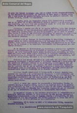 5/08/1940: circular del Gobierno Civil de Barcelona sobre “El uso del idioma nacional en todos los servicios públicos”, recogiendo lo dispuesto en el BOP del 31 de julio de 1940. En él se proclama el español como único idioma válido para la vida pública, al tiempo que relega los idiomas “regionales” a la vida privada. La primera disposición señala que "todos los funcionarios interinos de las Corporaciones provinciales y municipales de esta provincia, cualesquiera que sea su categoría, que en acto de servicio, dentro o fuera de los edificios oficiales, se expresen en otro idioma, que no sea el oficial del Estado quedarán ‘ipso facto’ destituidos, sin ulterior recurso". En el documento se pueden ver las firmas de todos los funcionaros del Ayuntamiento de Manresa, ya que fueron obligados a firmar el correspondiente enterado. Algunos funcionarios del cuerpo de guardias de paseo firmaron con la hulla dactilar por no saber escribir. (Arxiu Comarcal del Bages)