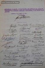 5/08/1940: circular del Gobierno Civil de Barcelona sobre “El uso del idioma nacional en todos los servicios públicos”, recogiendo lo dispuesto en el BOP del 31 de julio de 1940. En él se proclama el español como único idioma válido para la vida pública, al tiempo que relega los idiomas “regionales” a la vida privada. La primera disposición señala que "todos los funcionarios interinos de las Corporaciones provinciales y municipales de esta provincia, cualesquiera que sea su categoría, que en acto de servicio, dentro o fuera de los edificios oficiales, se expresen en otro idioma, que no sea el oficial del Estado quedarán ‘ipso facto’ destituidos, sin ulterior recurso". En el documento se pueden ver las firmas de todos los funcionaros del Ayuntamiento de Manresa, ya que fueron obligados a firmar el correspondiente enterado. Algunos funcionarios del cuerpo de guardias de paseo firmaron con la hulla dactilar por no saber escribir. (Arxiu Comarcal del Bages)