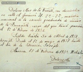 Gener-maig de 1939: acreditacions de mestres adreçades a l’alcalde de Manresa o a les autoritats pertinents per demostrar que exercien com a professors en escoles de la ciutat abans de l’arribada de les tropes franquistes i per indicar el sou que rebien. Els mestres que s’acrediten són: Concepció Abadal i Puigferrat, Trinitat Colomina Muràs, Àngela Mató Puigmitjà, Rosa Borràs Llauradó, Julita Llop Masqué, Pau Guiu Domingo, Dolors Mas de la Fuente, Guadalupe Guisasola Rodríguez, Josepa Borràs Aragonès, Felisa Rufas Clavera, Ramon Santacana Minguell, Aparici Jané Vila, Guadalupe Jané Cornet, Maria del Olvido Álvarez Álvarez, Ildefonsa Matamala Barnet, Valeri Caldas Altimiras, Carme Montagut Simó, Enric Morató Alguacil, Maria Teresa Llorens, Concepció Serrano Hernández, Maria Rosario Biel Casals, Maria Vall Soldevila, Carme Piqué Bartolomé, Josep Vidal Monge, Maria Garriga Pons, Teresa Llasera Sala, Ramon Pallàs Prades, Maria Llaveries Viladomiu, Vicenta Cuende Sierra, Josepa Riera Vives, Rosa Macau Roig, Vicenç Ramírez Tormo, Maria Teresa Bruto Sans, Hermenegild Lladó Bilarrubies, Pilar Espada Cristóbal, Purificació Espada Cristóbal, Dolors Ribes Grau, Assumpció Tomàs Suades, Rosa Fortuny Riera, Josep Martínez Aguado, Assumpció Rovira Tenas, Antònia Trapé Carrera, Aureli Górriz Vivas, Eugènia Giró Ortega, Pere Aloy Anell, Maties Modest Vicente Giménez, Joan Martí Garriga i Aurora Bernal Navarro. (Arxiu Municipal de Manresa)