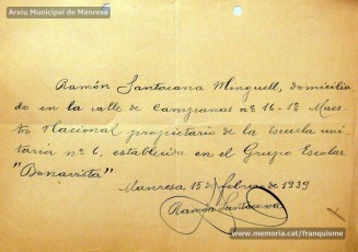 Gener-maig de 1939: acreditacions de mestres adreçades a l’alcalde de Manresa o a les autoritats pertinents per demostrar que exercien com a professors en escoles de la ciutat abans de l’arribada de les tropes franquistes i per indicar el sou que rebien. Els mestres que s’acrediten són: Concepció Abadal i Puigferrat, Trinitat Colomina Muràs, Àngela Mató Puigmitjà, Rosa Borràs Llauradó, Julita Llop Masqué, Pau Guiu Domingo, Dolors Mas de la Fuente, Guadalupe Guisasola Rodríguez, Josepa Borràs Aragonès, Felisa Rufas Clavera, Ramon Santacana Minguell, Aparici Jané Vila, Guadalupe Jané Cornet, Maria del Olvido Álvarez Álvarez, Ildefonsa Matamala Barnet, Valeri Caldas Altimiras, Carme Montagut Simó, Enric Morató Alguacil, Maria Teresa Llorens, Concepció Serrano Hernández, Maria Rosario Biel Casals, Maria Vall Soldevila, Carme Piqué Bartolomé, Josep Vidal Monge, Maria Garriga Pons, Teresa Llasera Sala, Ramon Pallàs Prades, Maria Llaveries Viladomiu, Vicenta Cuende Sierra, Josepa Riera Vives, Rosa Macau Roig, Vicenç Ramírez Tormo, Maria Teresa Bruto Sans, Hermenegild Lladó Bilarrubies, Pilar Espada Cristóbal, Purificació Espada Cristóbal, Dolors Ribes Grau, Assumpció Tomàs Suades, Rosa Fortuny Riera, Josep Martínez Aguado, Assumpció Rovira Tenas, Antònia Trapé Carrera, Aureli Górriz Vivas, Eugènia Giró Ortega, Pere Aloy Anell, Maties Modest Vicente Giménez, Joan Martí Garriga i Aurora Bernal Navarro. (Arxiu Municipal de Manresa)
