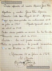 Gener-maig de 1939: acreditacions de mestres adreçades a l’alcalde de Manresa o a les autoritats pertinents per demostrar que exercien com a professors en escoles de la ciutat abans de l’arribada de les tropes franquistes i per indicar el sou que rebien. Els mestres que s’acrediten són: Concepció Abadal i Puigferrat, Trinitat Colomina Muràs, Àngela Mató Puigmitjà, Rosa Borràs Llauradó, Julita Llop Masqué, Pau Guiu Domingo, Dolors Mas de la Fuente, Guadalupe Guisasola Rodríguez, Josepa Borràs Aragonès, Felisa Rufas Clavera, Ramon Santacana Minguell, Aparici Jané Vila, Guadalupe Jané Cornet, Maria del Olvido Álvarez Álvarez, Ildefonsa Matamala Barnet, Valeri Caldas Altimiras, Carme Montagut Simó, Enric Morató Alguacil, Maria Teresa Llorens, Concepció Serrano Hernández, Maria Rosario Biel Casals, Maria Vall Soldevila, Carme Piqué Bartolomé, Josep Vidal Monge, Maria Garriga Pons, Teresa Llasera Sala, Ramon Pallàs Prades, Maria Llaveries Viladomiu, Vicenta Cuende Sierra, Josepa Riera Vives, Rosa Macau Roig, Vicenç Ramírez Tormo, Maria Teresa Bruto Sans, Hermenegild Lladó Bilarrubies, Pilar Espada Cristóbal, Purificació Espada Cristóbal, Dolors Ribes Grau, Assumpció Tomàs Suades, Rosa Fortuny Riera, Josep Martínez Aguado, Assumpció Rovira Tenas, Antònia Trapé Carrera, Aureli Górriz Vivas, Eugènia Giró Ortega, Pere Aloy Anell, Maties Modest Vicente Giménez, Joan Martí Garriga i Aurora Bernal Navarro. (Arxiu Municipal de Manresa)